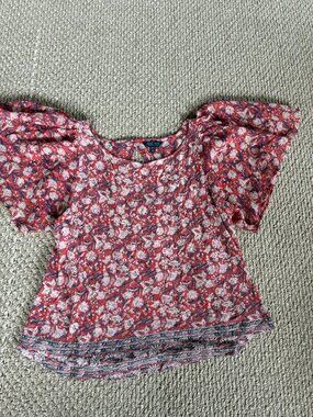Lucky Brand Mixed Media Floral Flutter Short Sleeve Top Medium AOP